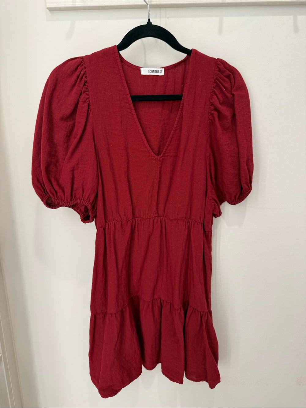 Self Contrast Women's Red V-Neck Puff Sleeve Dress NWT -